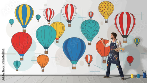 Creative Dreamer Painting Colorful Hot Air Balloons On Wall Mural For Inspiration