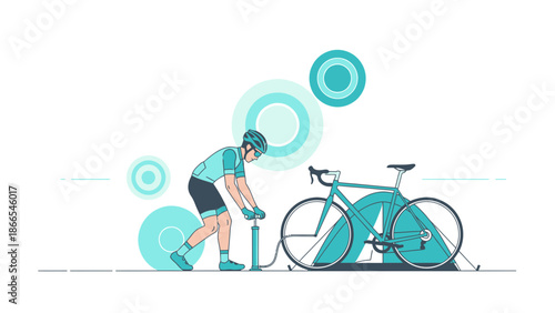 Cyclist Preparing For Adventure Inflating Tires On Roadside Camping Trip