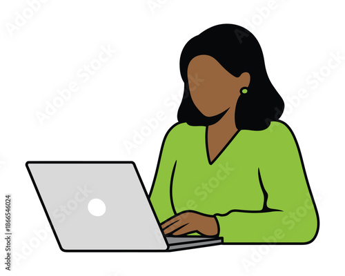 A cartoon woman working on her laptop with a focused expression