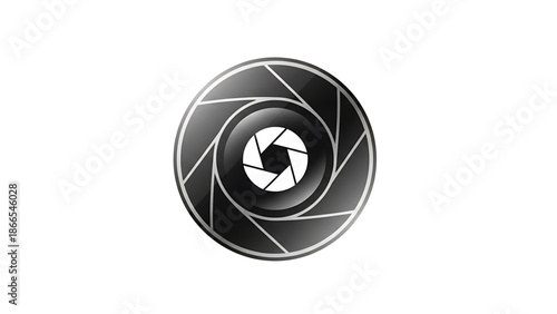 A minimalist vector graphic of a camera shutter icon on a white background
