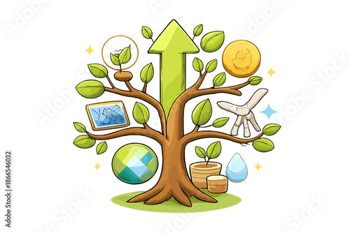 Sustainable Growth Symbol. Doodle-style vector icon of sustainable growth symbol, arrow-tree with balanced branching assets,