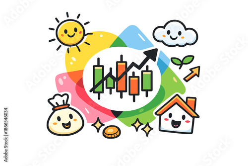 Diverse Investment Icon. Doodle-style vector icon of a diversified investment concept, central stock symbol reflected into