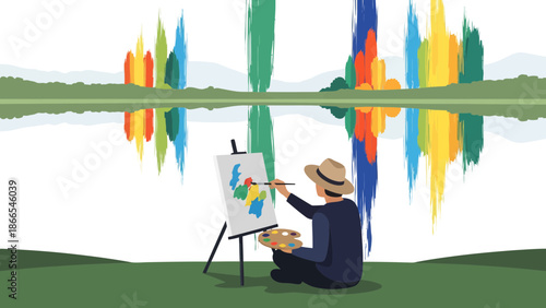 Creative Expression In Nature Painter Immersed In Landscape Capturing Vibrant Reflections