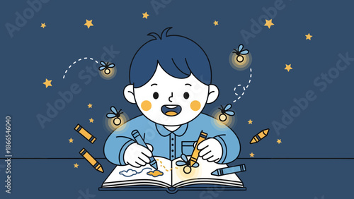 Creative Evening: Boy Drawing with Crayons Under a Starry Night Sky