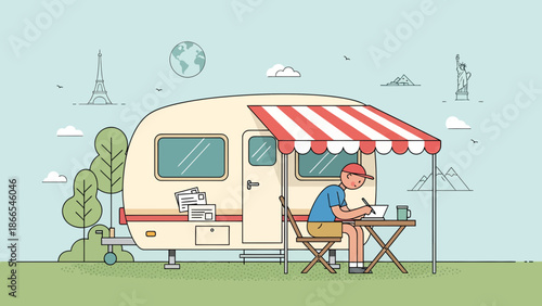 Creative Freelancer Working Remotely On A Laptop In Front Of A Caravan