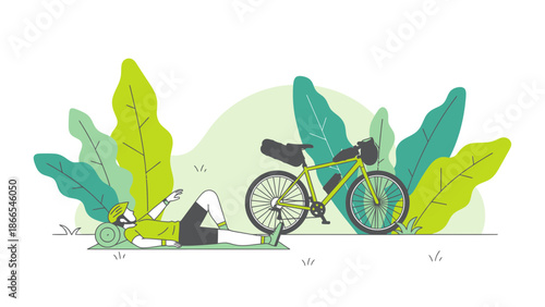 Cyclist Relaxing Outdoors With Bicycle Amidst Nature Scene For Travel Illustration