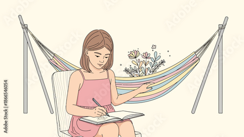 Creative Girl Drawing In A Sketchbook With Hammock In The Background