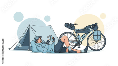Cyclist Relaxing Near Tent With Smartphone After Adventures Bike Tour Trip Illustration