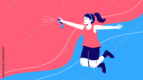 Creative Girl With Spray Paint Jumping And Expressing Herself On A Colorful Background