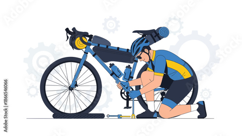 Cyclist Repairing A Flat Tire On Touring Bicycle During Adventure Ride