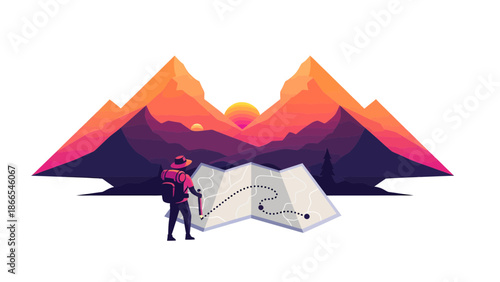 Creative Hiking Adventure With Mountains Map And Sunset In Colorful Style