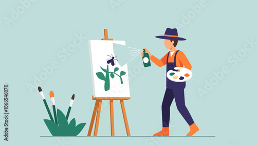 Creative Hobbyist Completing Artistic Expression With Insect Artwork And Spray Fixative