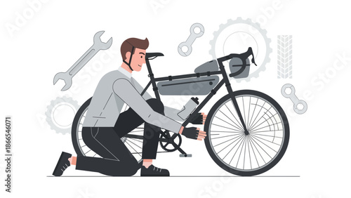 Cyclist Repairing A Bicycle Flat Vector Graphic With Tools Around It
