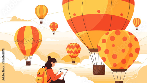 Creative Girl Illustrates Colorful Hot Air Balloons On Her Sketchbook In A Field
