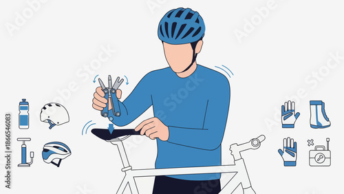 Cyclist Repairing Bicycle Seat with Multi Tool for Maintenance and Adjustment