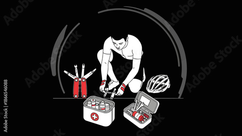 Cyclist Repairing Bike With Toolkit First Aid and Protective Helmet On Black Background