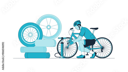 Cyclist Repairing Bicycle Tire With Hand Pump During Bike Maintenance Checkup