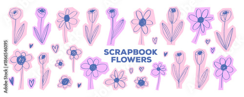 Crayon drawn pink flower scrapbook and collage stickers. Hand drawn folk floral illustration. Cute sprint tulips and chamomiles. Daisy flower scrapbook boho art. Cutout plants, tulips and chalk daisy.