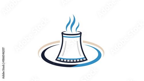 Nuclear Power Plant Cooling Tower Emitting Blue Steam, isolated white background