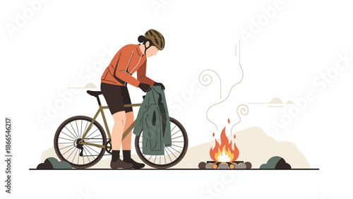 Cyclist Taking Break By Campfire Illustration For Relaxing And Outdoors Activities