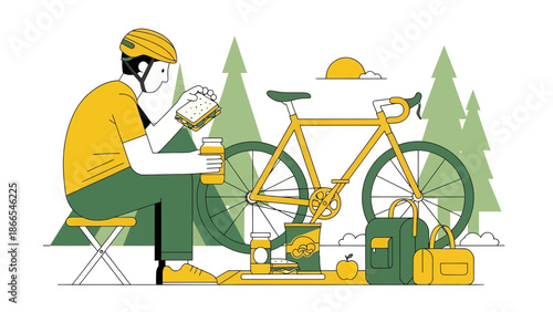 Cyclist Taking a Break With a Picnic in Forest Illustration Vector