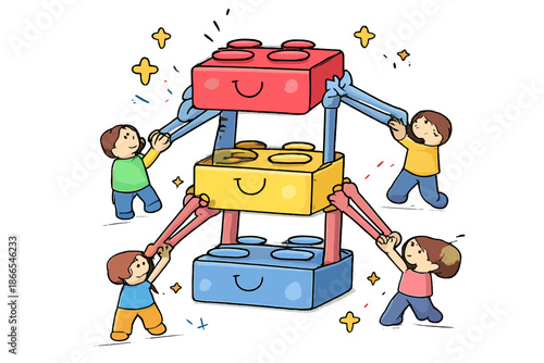 Adaptive Skill Building. Doodle-style vector icon of adaptive skill building, rigid bricks stabilized by stretchy connectors,