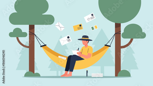 Creative Professional Working In Hammock Amongst Trees With Letters Floating Around