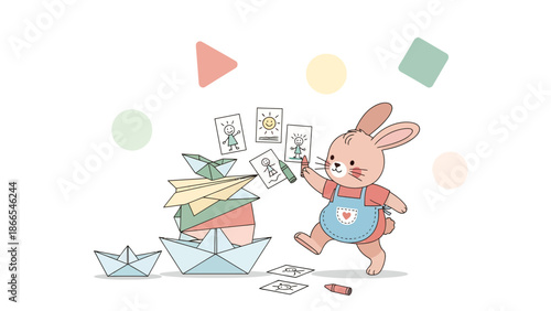 Creative Rabbit Cartoon Character Having Fun Crafting Drawings and Papercrafts