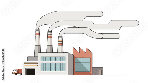 Industrial Factory Building with Multiple Chimneys and Truck Producing Long Smoke Trails, isolated white background