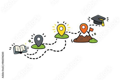 Gamified Learning Map. Doodle-style vector icon of a gamified learning map, checkpoints lighting up as progress is made, cute