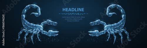 Scorpions. Two abstract 3d scorpions isolated on blue. Fantasy style. Polygonal wireframe vector. Line drawing. Futuristic technology, astrology esoteric, astrological constellation concept.

