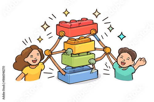 Adaptive Skill Building. Doodle-style vector icon of adaptive skill building, rigid bricks stabilized by stretchy connectors,