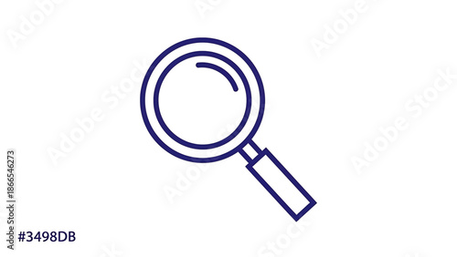 A minimalist blue magnifying glass icon on a white background with a hex code