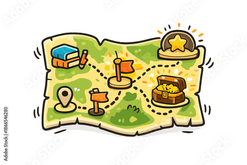 Gamified Learning Map. Doodle-style vector icon of a gamified learning map, checkpoints lighting up as progress is made, cute