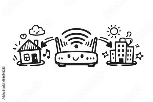 Hybrid Work Network Hub. Doodle-style vector icon of a hybrid work network hub, router in the center with adaptive signals