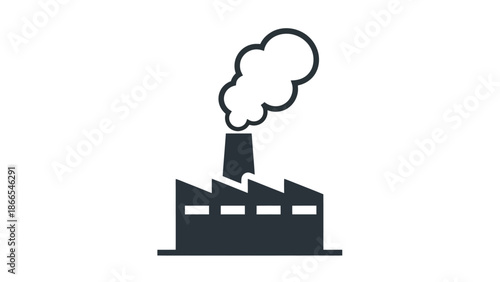 Industrial Factory Building Emitting Smoke from Chimney, isolated white background