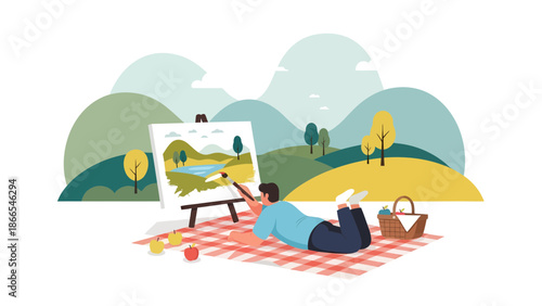 Creative Summer Day Scene Of A Young Man Painting Landscape On A Picnic