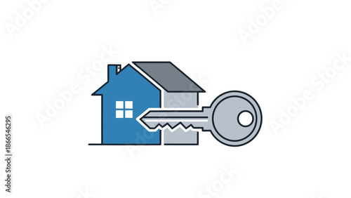 Modern blue and gray house and key outline logo, representing real estate and home security, on isolated white background.