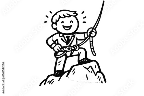Confident Career Climber. Doodle-style vector icon of a confident career climber near the top, strong posture, secure mentoring