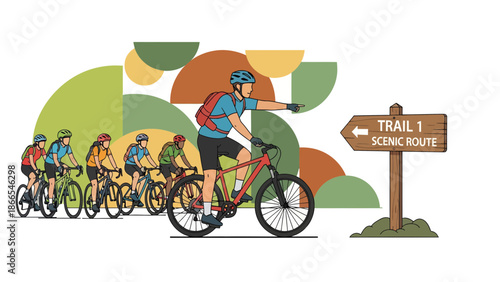 Cyclists Follow Leader on Trail Adventure with Scenic Route Signage Illustration