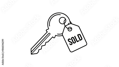 Outline key with 'SOLD' tag, representing successful property sale and completed real estate transaction, on isolated white background.