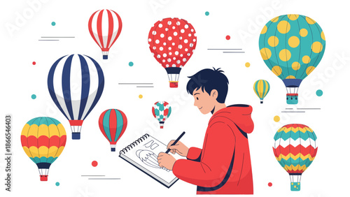 Creative Young Man Drawing Colorful Hot Air Balloons On His Sketchbook Illustration