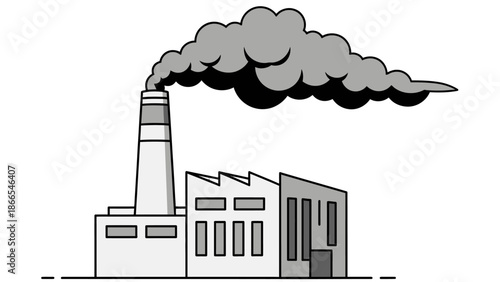 Outline industrial factory building with smokestack emitting heavy smoke on isolated white background.