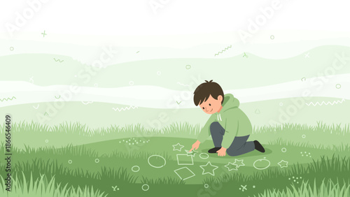 Creative Youngster Drawing Geometric Shapes on Grass in a Serene Green Landscape