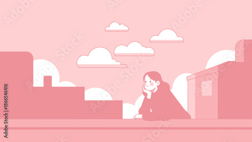 Daydreaming Girl Enjoying Rooftop View Under Cloudy Sky Cartoon Illustration