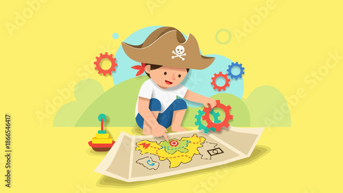Creative Youngster Engaged In Ingenious Playtime Adventure With Pirate Themes Illustration