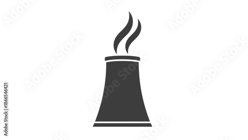 Black silhouette icon of an industrial cooling tower or chimney emitting smoke or steam on isolated white background.