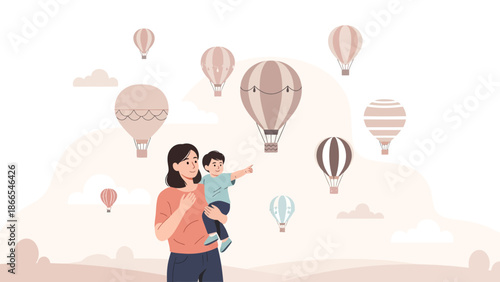 Daydreaming With Mother, Balloons Floating Gently Across The Sky, Adventure And Fun