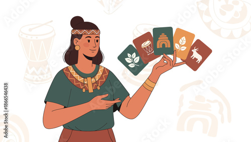 Cultural Heritage Woman Holding Symbol Cards Representing Heritage and Traditions