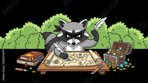 Cunning Raccoon Crafts a Treasure Map For His Hidden Booty Cartoon Illustration